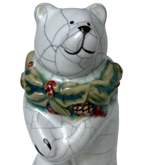 Holiday Polar Bear Figurine Rustic Ceramic w/ Holly Accent Christmas Decor 5" - Picture 5 of 8